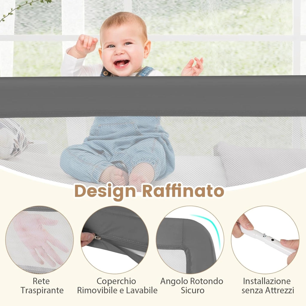 Sponda Letto per Bambini 180 cm, Barriera di Sicurezza per Bambini Pieghevole, Rete Traspirante, Sbarra da Letto per Letti Singoli e Matrimoniali