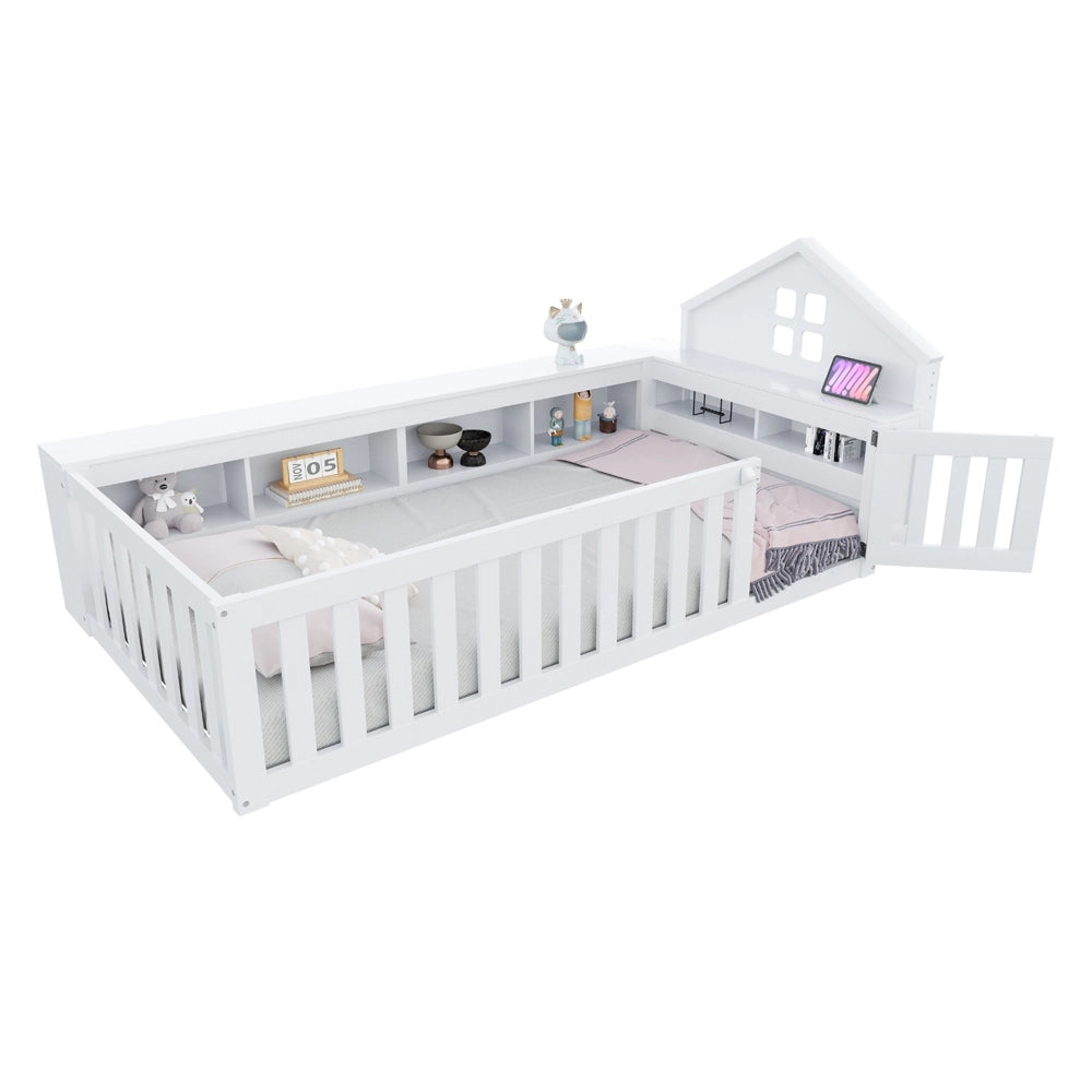 Letto bambino-Xylo-90x200 cm-finestra, contenitore, barriera, porta, sicurezza, bianco