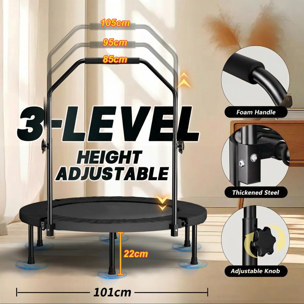 TRAMPOLINO FITNESS 101 cm Pieghevole Nero in Acciaio con Maniglia Regolabile
