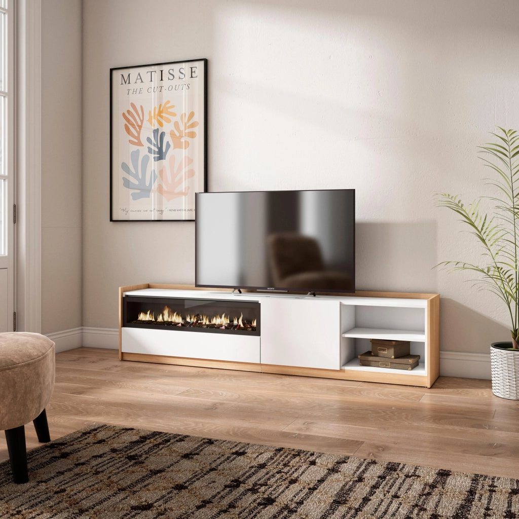 Mobile TV Soggiorno, 207x50x37 cm, Per TV fino a 80", Camino elettrico, Bianco e Rovere soft