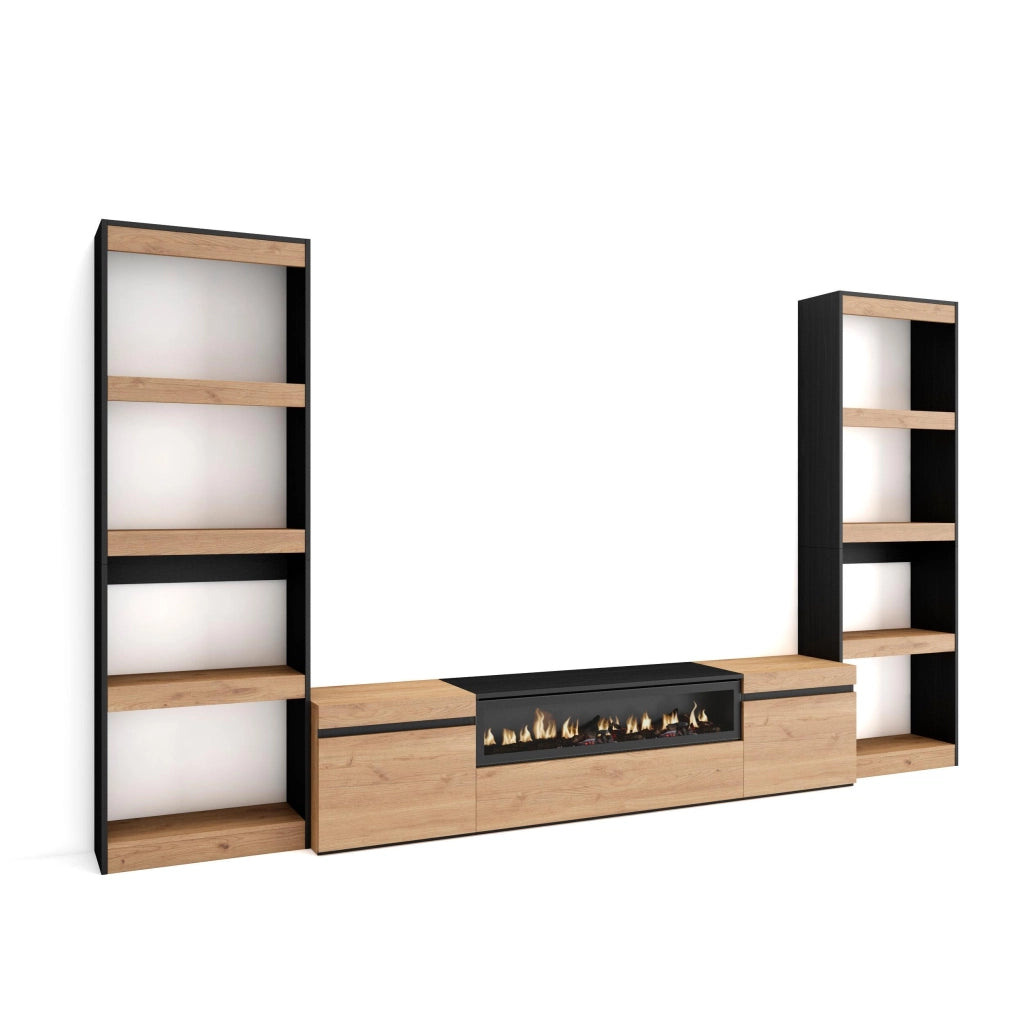 Mobile TV, Soggiorno, 320x35x186cm, Per TV fino a 80", Camino elettrico, colore Rovere e nero RF2604