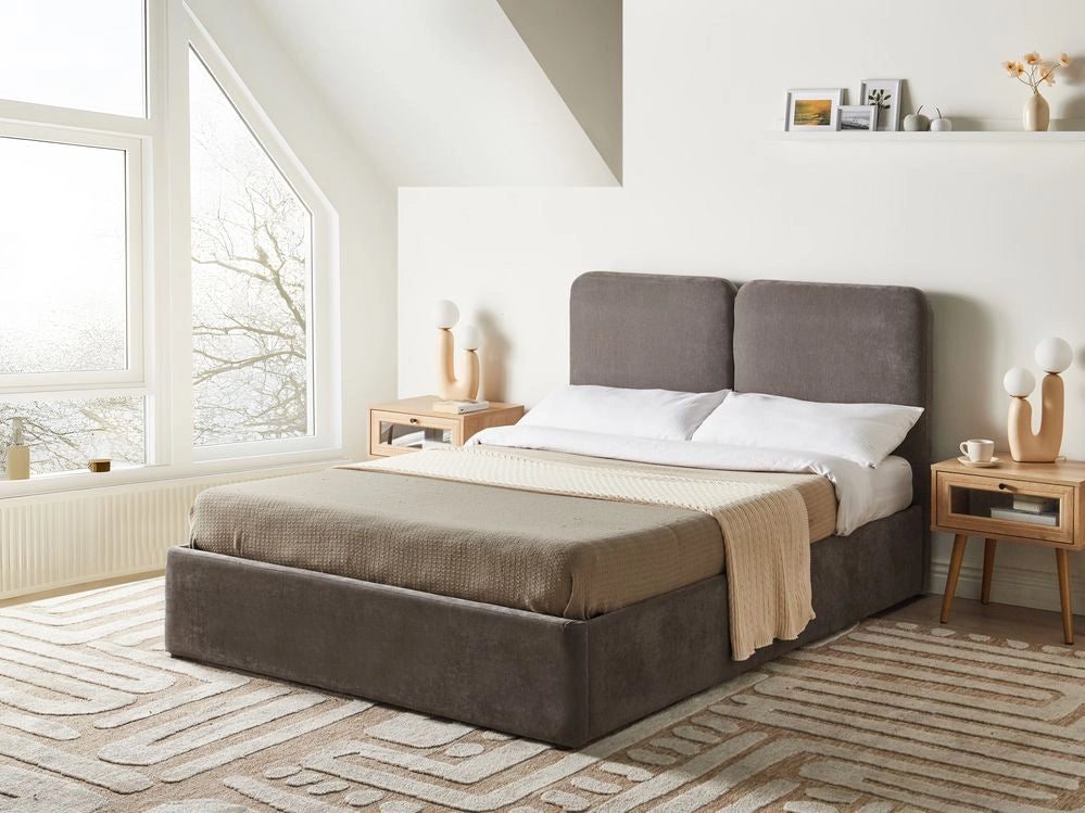 Letto ottomano color tortora in tessuto di ciniglia 140 x 200 cm Testiera imbottita Rete a doghe sollevabile