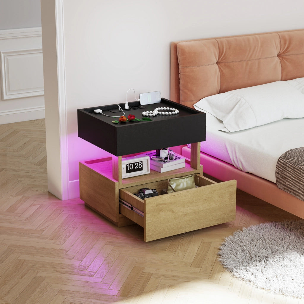 Comodino con ricarica wireless; USB; LED regolabile; 2 cassetti; 50 x 40 x 50 cm; nero e naturale