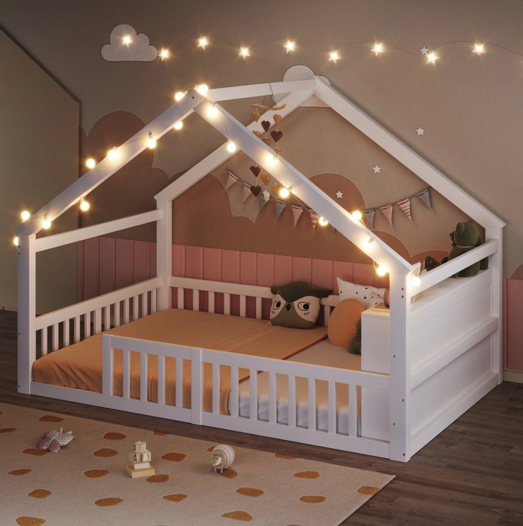 Letto per bambini a casetta 140x190 cm con sponde e scaffali laterali