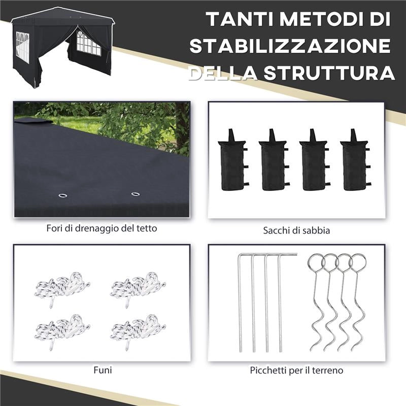 GAZEBO 3X3 AD ALTEZZA REGOLABILE CON FORI DI DRENAGGIO E BORSA DA TRASPORTO, IN METALLO, GRIGIO