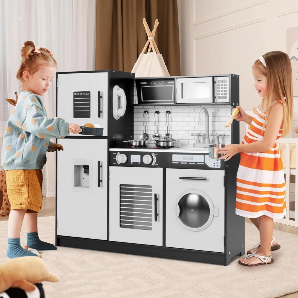 Cucina Giocattolo per Bambini, Cucina Legno per Bambini con Forno, Microonde, Lavatrice, Telefono, Lavello Rimovibile e Rubinetto Rotante, con Luci e Suoni, per Bambini di 3+ Anni (Nero)