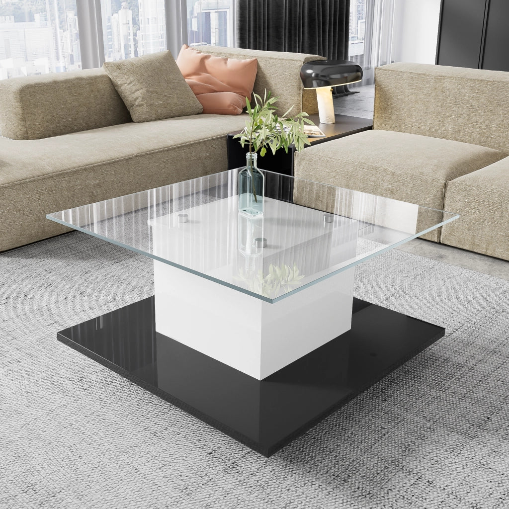Tavolino basso fisso con piano in vetro temperato; LED regolabile e ruote piroettanti per soggiorno; 80×80×40 cm