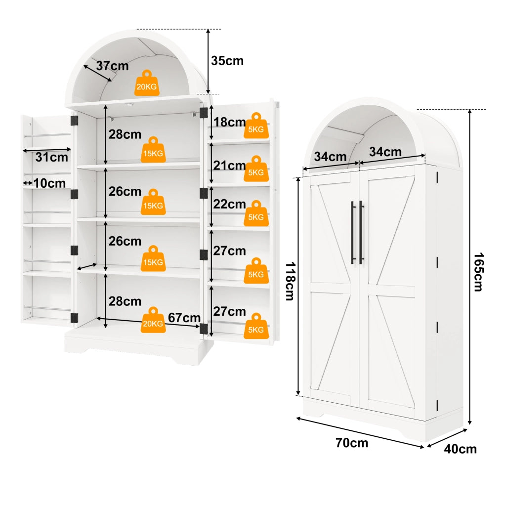 Vetrina 70x40x165 cm con ripiani e vani aperti in MDF bianco