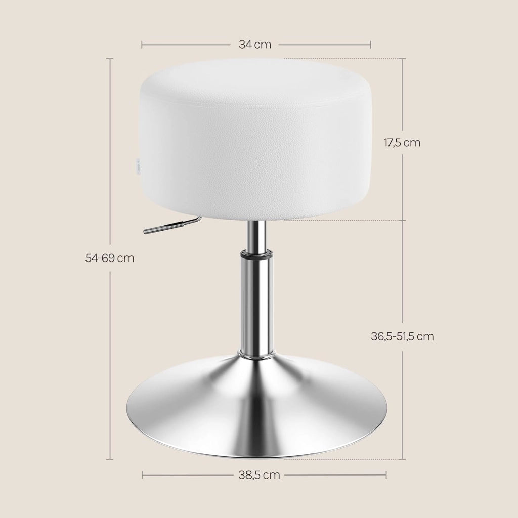 Sgabello da Trucco Rotondo Girevole Regolabile in Altezza, Sgabello Imbottito per Toeletta, Sedia da Cucina in Pelle Sintetica, Altezza Seduta 54-69 cm, Bianco, BH14ws-1