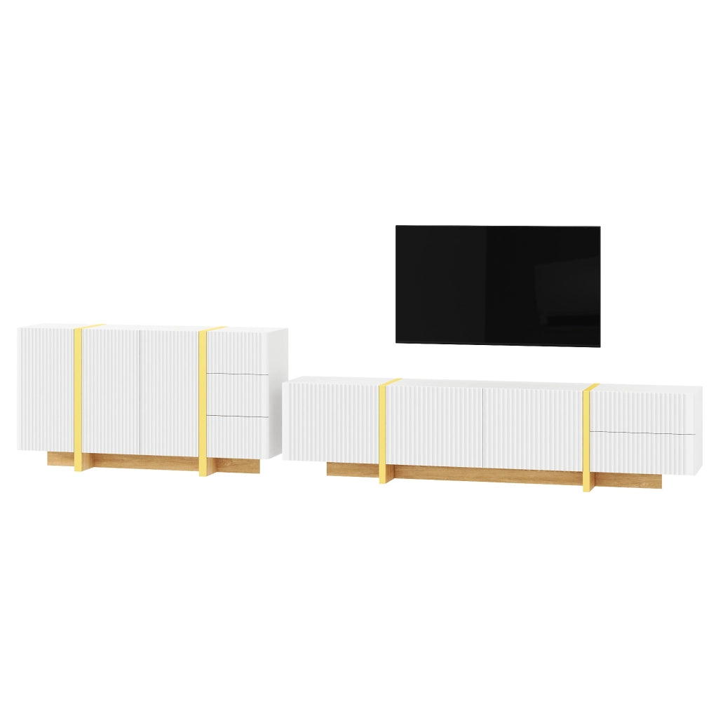 Combinazione mobile TV e sideboard bianca con frontali scanalati in MDF e pannello truciolare