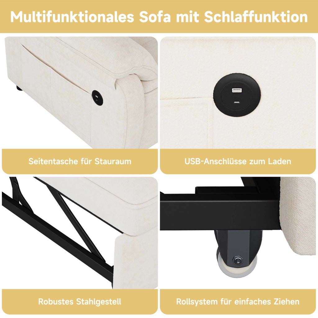 Divano letto convertibile 3 in 1 con schienale reclinabile e porte USB e Type-C, 2 cuscini, in ciniglia beige