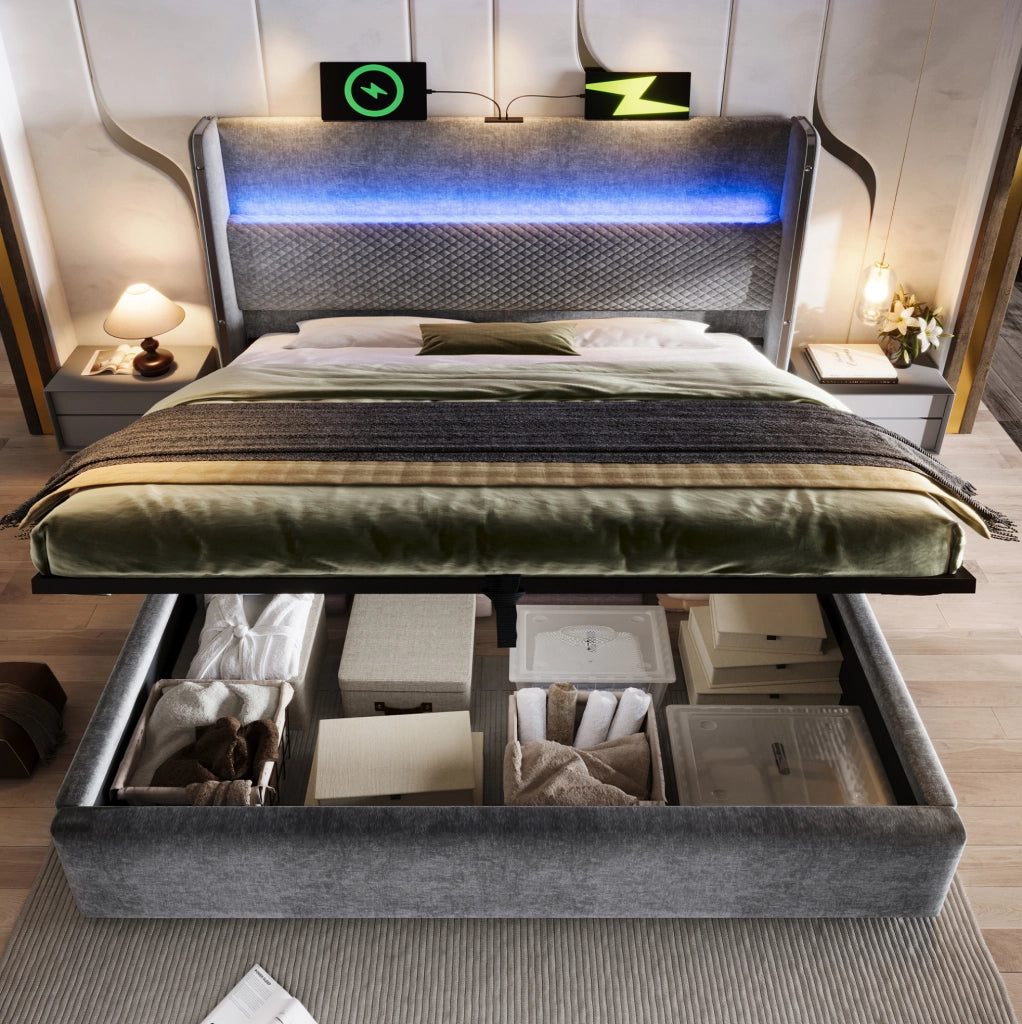 Letto matrimoniale 180x200 cm con LED, USB/Type-C e contenitore