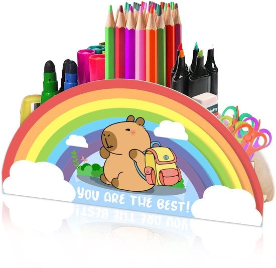 Organizzatore per matite per bambini, Regenboog Capybara, supporto per matite in legno, accessorio per ufficio per bambini, per organizzare il tavolo di studio, organizzatore per matite per bambini.