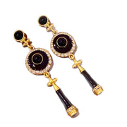 Orecchini pendenti vintage a forma di cono in smalto nero con zirconi incastonati