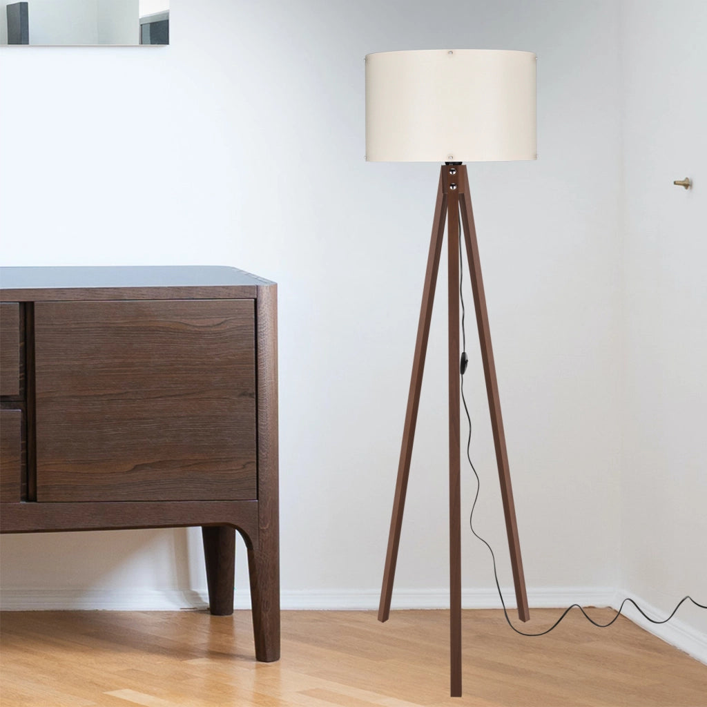 Lampada da Terra 'Guildford' a Treppiedi con Paralume in Tessuto/PVC Piantana - color Noce/Crema  [lux.pro]