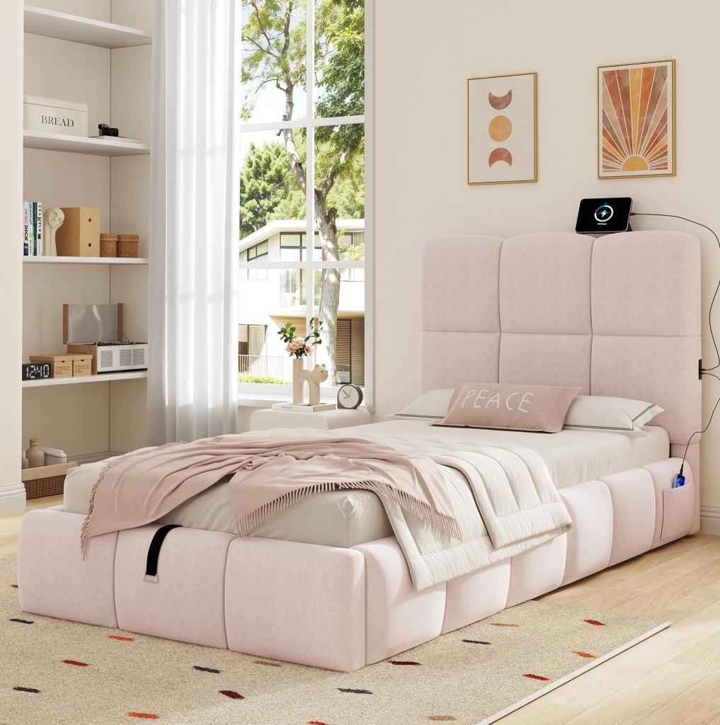 Letto singolo imbottito rosa con vano contenitore e porta USB-C