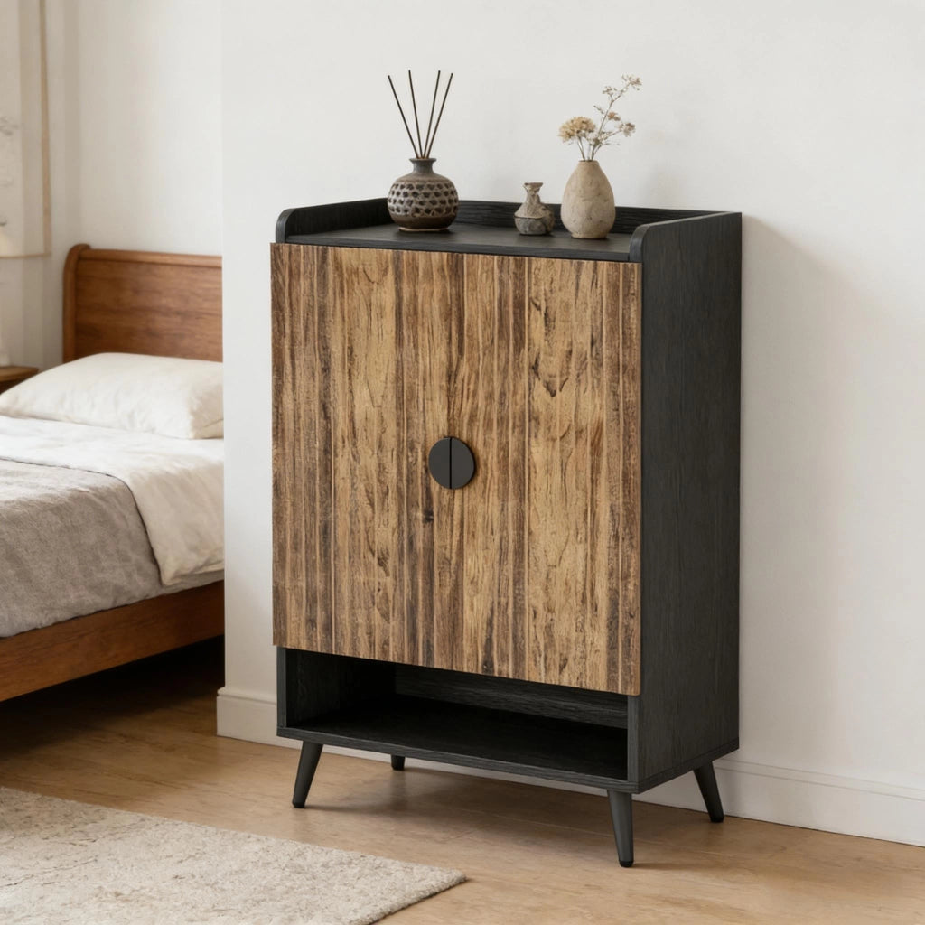 Scarpiera con 2 ante e 7 ripiani regolabili per ingresso, in metallo e legno, nero e marrone, 75,9 × 37,1 × 109,9 cm