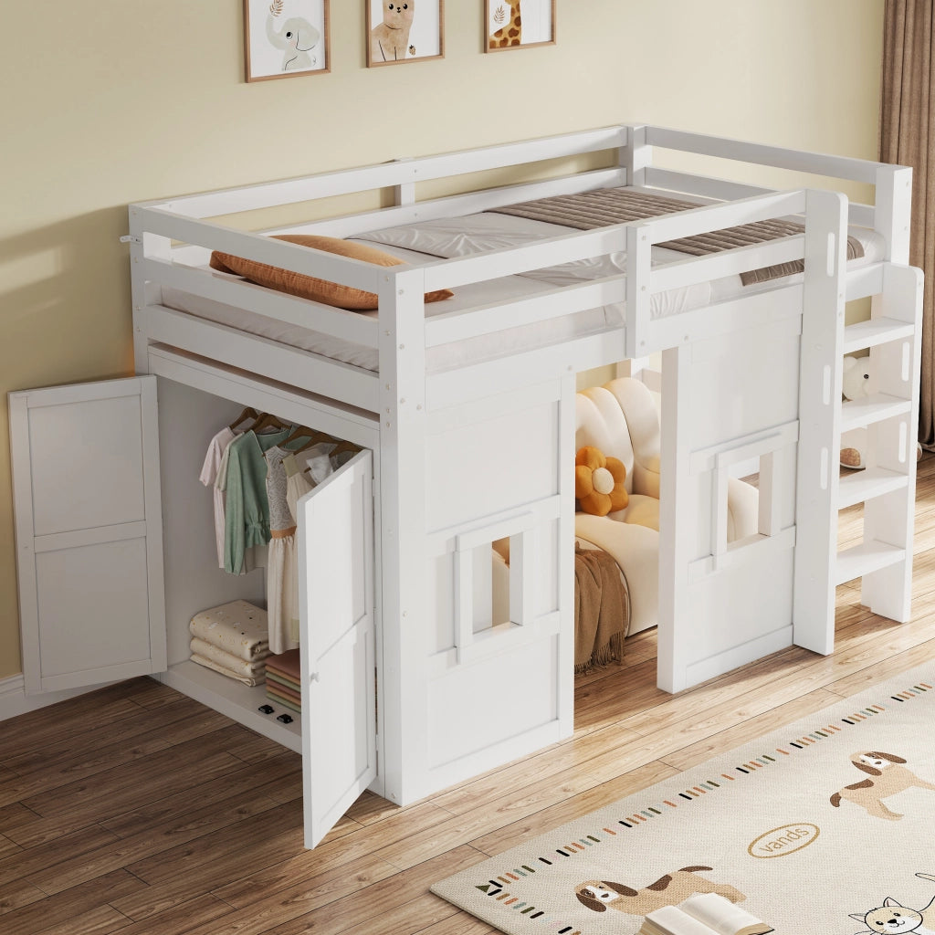 Letto a Soppalco con Armadio Integrato e LED ¨C MINIMAL ¨C Legno Bianco 90x200