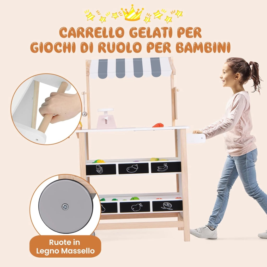 Carretto dei Gelati in Legno per Bambini, con 6 Gelati Giocattolo, Bilancia a Forma di A, Campanello Funzionante, Gelateria per Bambini + 3 Anni, 79 x 29 x 100 cm (Bianco)