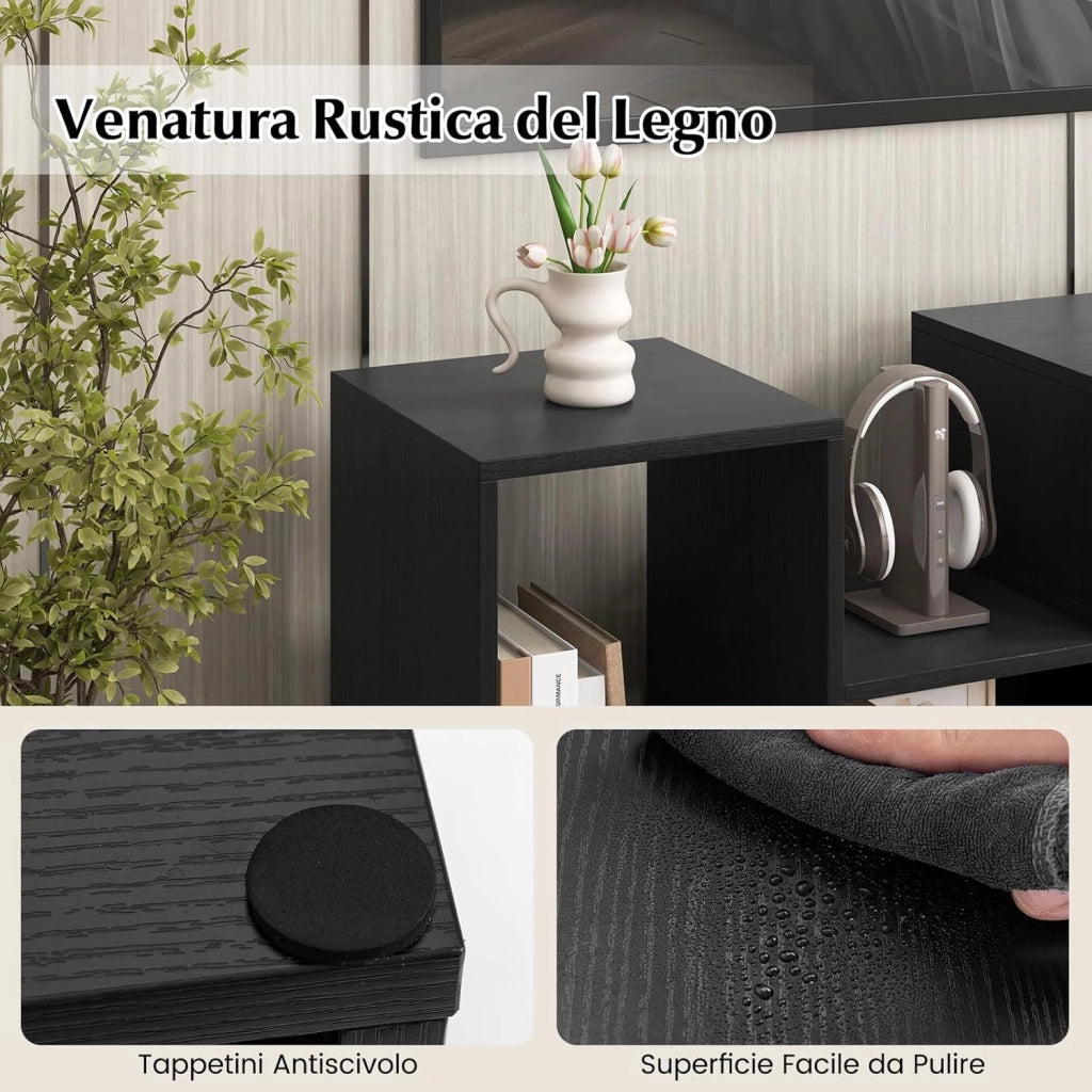 Mobile Porta TV Combinabile a 2 Pezzi, per TV Fino a 60'', Mobile TV a Angolo Soggiorno in Legno, con 4 Vani Aperti, Tavolo Media TV Multifunzionale, per Soggiorno, Camera da Letto (Nero)