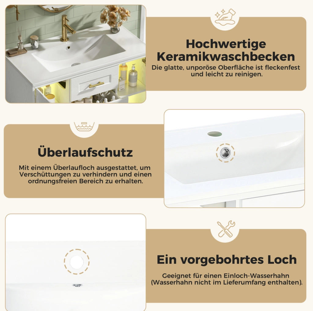 Mobile bagno sospeso 76 cm con lavabo; MDF bianco effetto legno; vetro rigato e LED