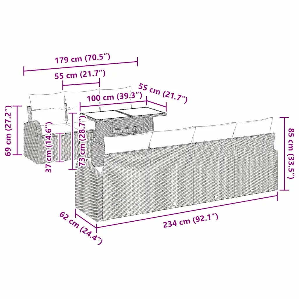 Set Divano da Giardino con cuscino 8 pcs Marrone Poly Rattan 3348584