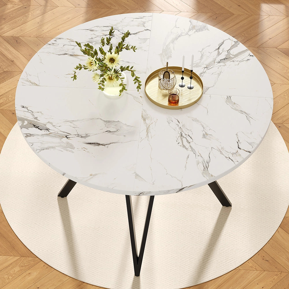 Set tavolo-Xylo-100cm rotondo 4 sedie grigio piedi neri piano marmorizzato