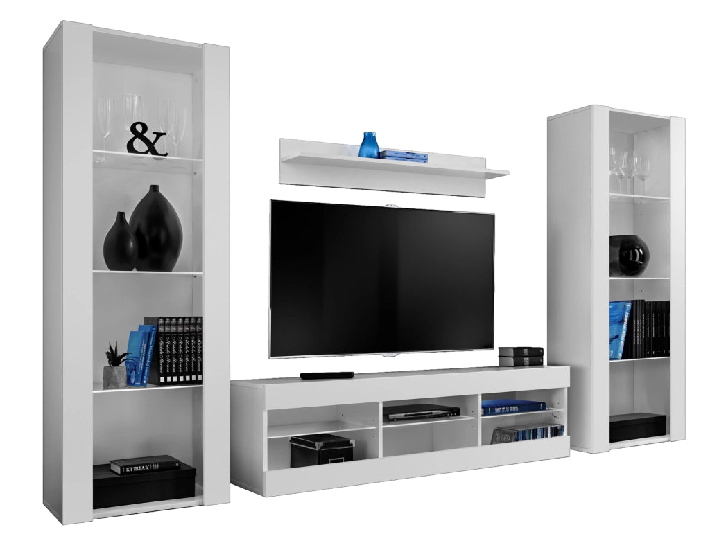 Set di mobili porta TV Tivoli Grande, Komodee, Bianco, Senza LED, Larghezza 250 cm x Altezza 159 cm x Profondità 35 cm, Per soggiorno, Camera da letto