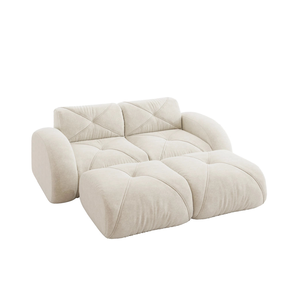 Divano modulare 2 posti senza struttura con due pouf in ciniglia beige chiaro per soggiorno e relax quotidiano