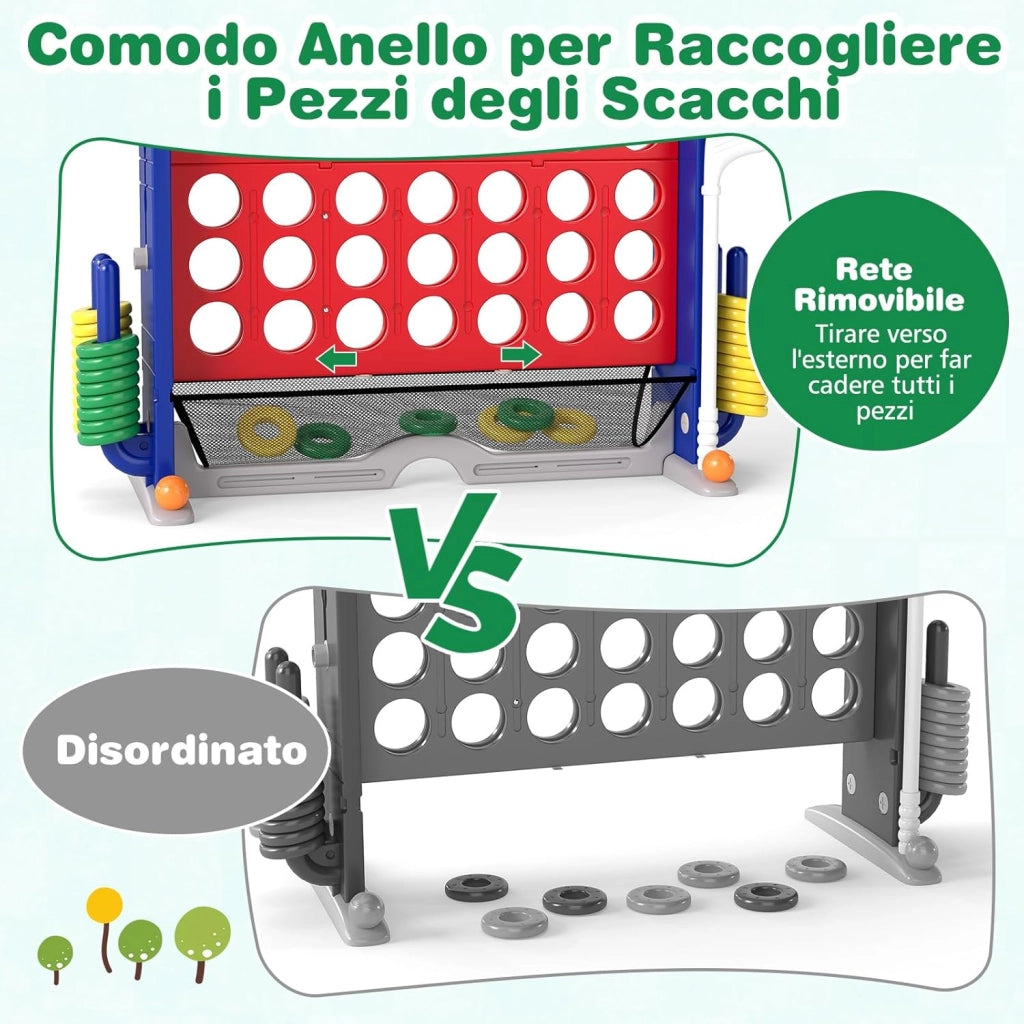 4 in 1 Forza 4 Gigante, Set di Gioco 4 in Fila con Lancio degli Anelli, Canestro da Basket, Palla, Mazza da Golf, Porta Bicchieri, Borsa e Tasca a Rete, Forza 4 Regolabile in Altezza (Rosso)