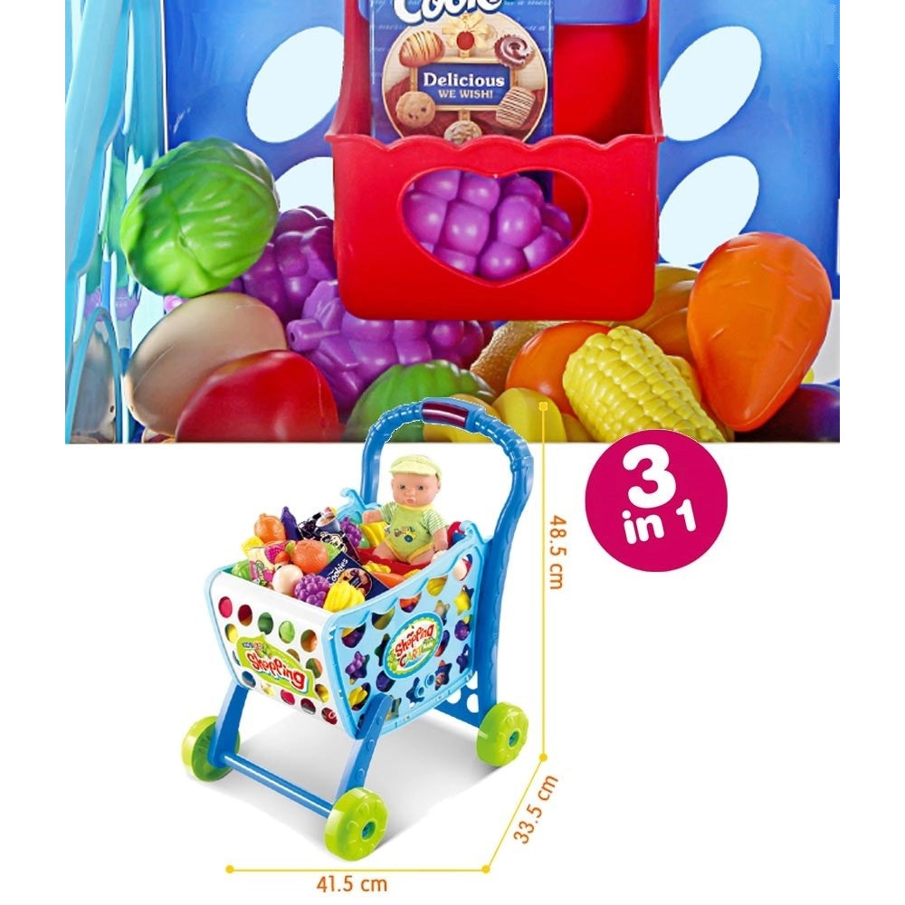 Trade Shop - Carrello Spesa Supermarket Per Bambini Rosa Azzurro Con Frutta E Verdura 3in1 -
