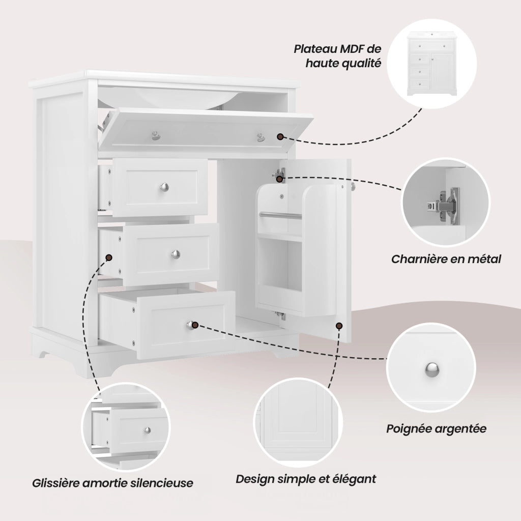 Mobile sottolavabo con lavabo in ceramica, 1 anta e 4 cassetti, finitura laccata, per bagno, bianco, 76 × 46 × 87 cm