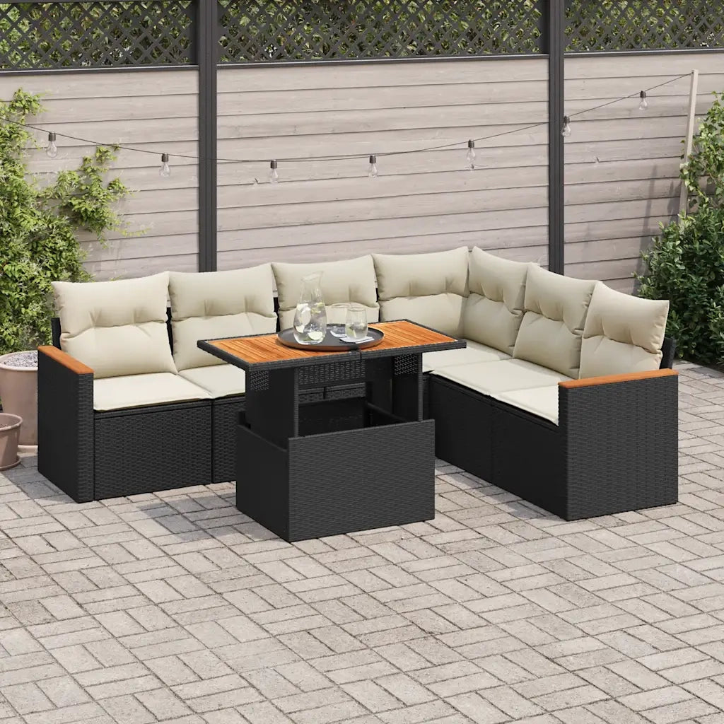 Set Divani da Giardino con Cuscini 7pz Nero Polyrattan Acacia 3327493
