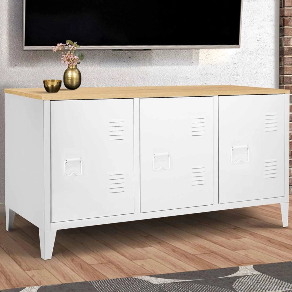 Credenza bassa ESTER 113 cm con 3 ante in metallo bianco e piano in legno dal design industriale