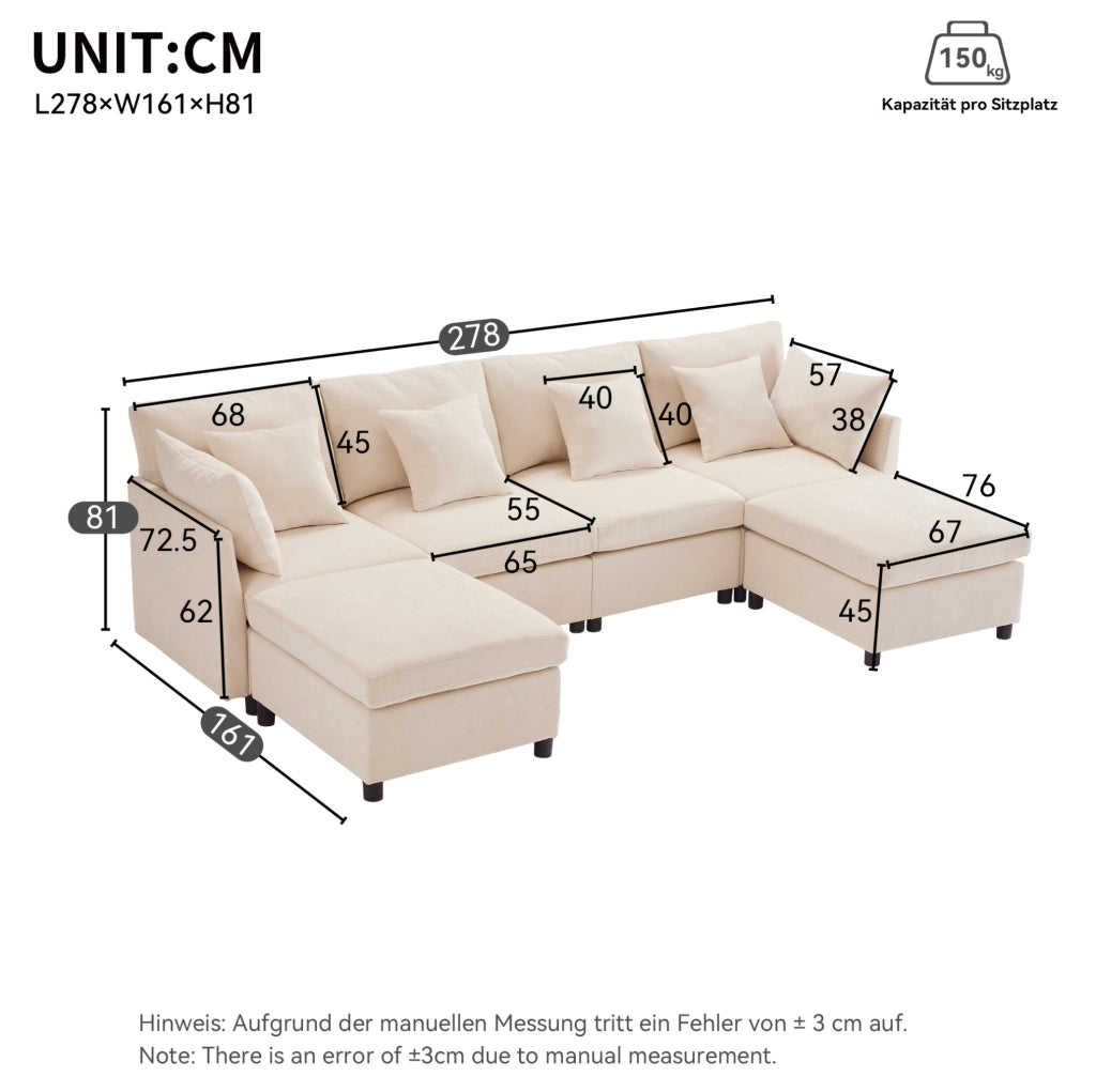 Sofa modulare 278x161x81 cm; componibile in U e L; con 2 pouf; in chenille beige