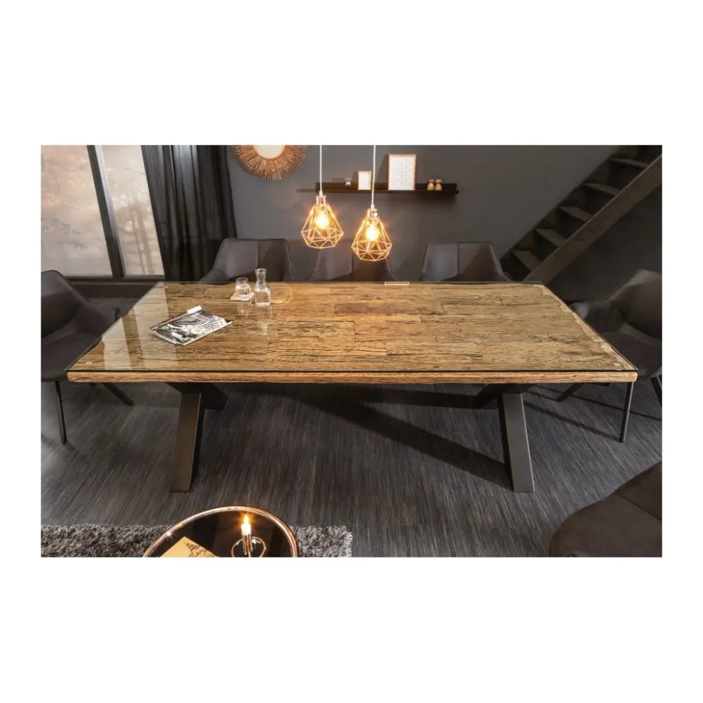 Table RAFTA 220 x 100 cm - Piano in teak massiccio con vetro temperato e gambe in metallo nero a X