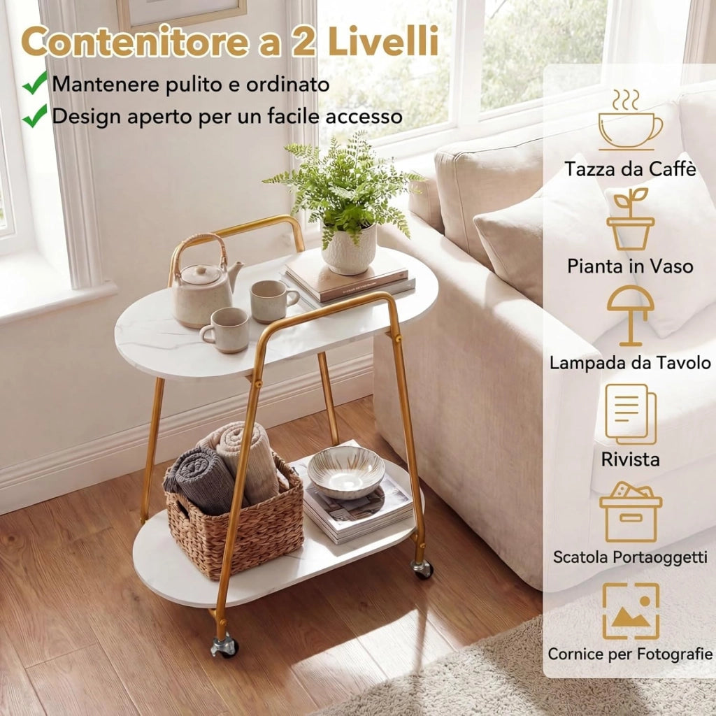 Tavolino Laterale da Divano con Ruote, Tavolino da Salotto a 2 Ripiani con Superfici in Marmo Artificiale, Ruote Bloccabili e Struttura in Metallo, Tavolo per Camera da Letto e Soggiorno