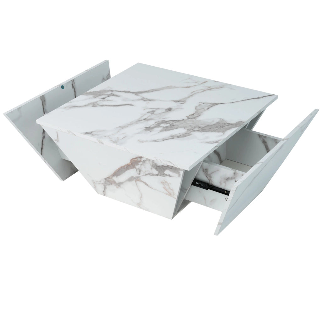 Tavolino da caff猫 70x70x37 cm; design trapezoidale con 2 cassetti; MDF bianco