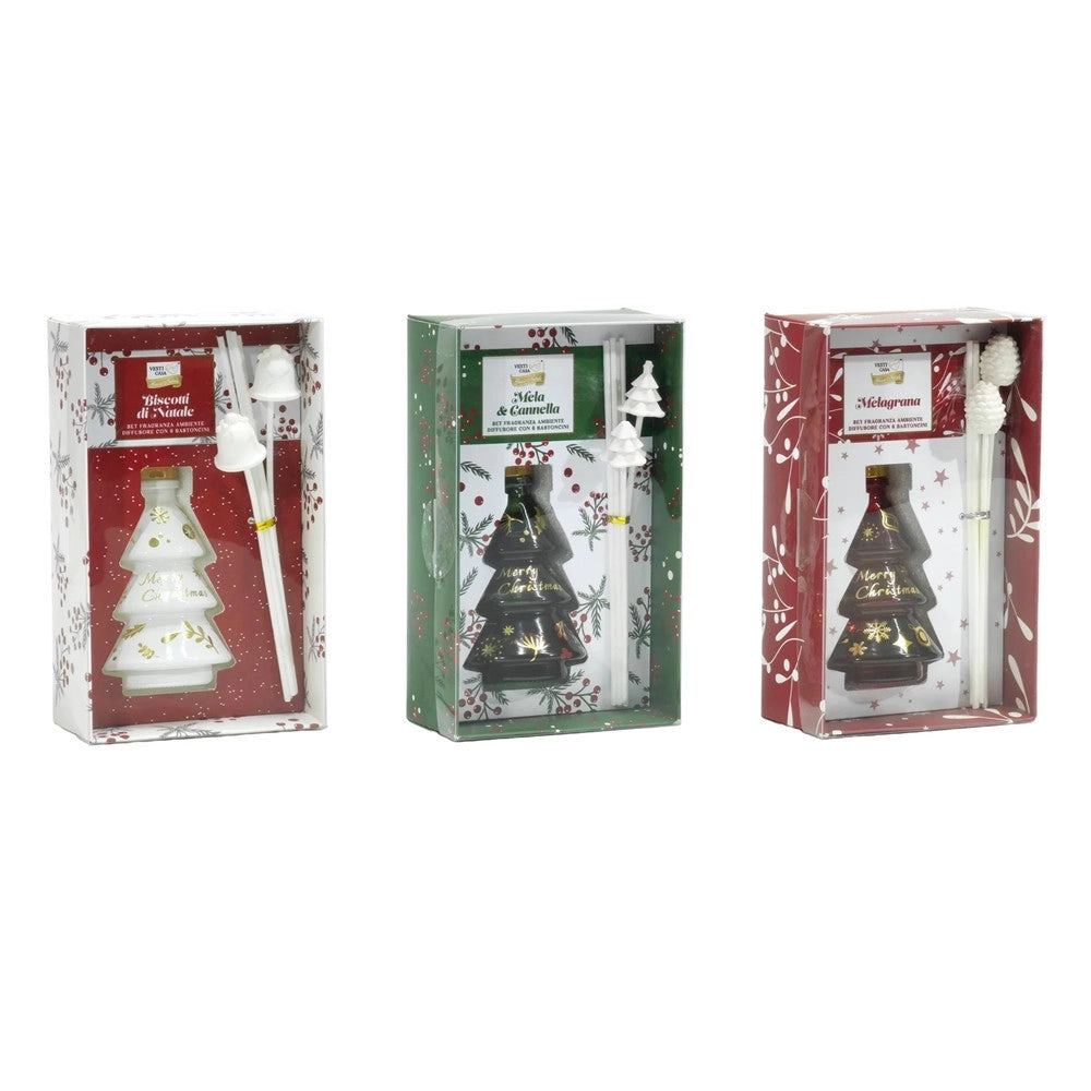 Trade Shop - Set Diffusore Di Fragranza Per Ambiente Forma Albero Natalizio Da 80ml Con 6 Bastoncini -