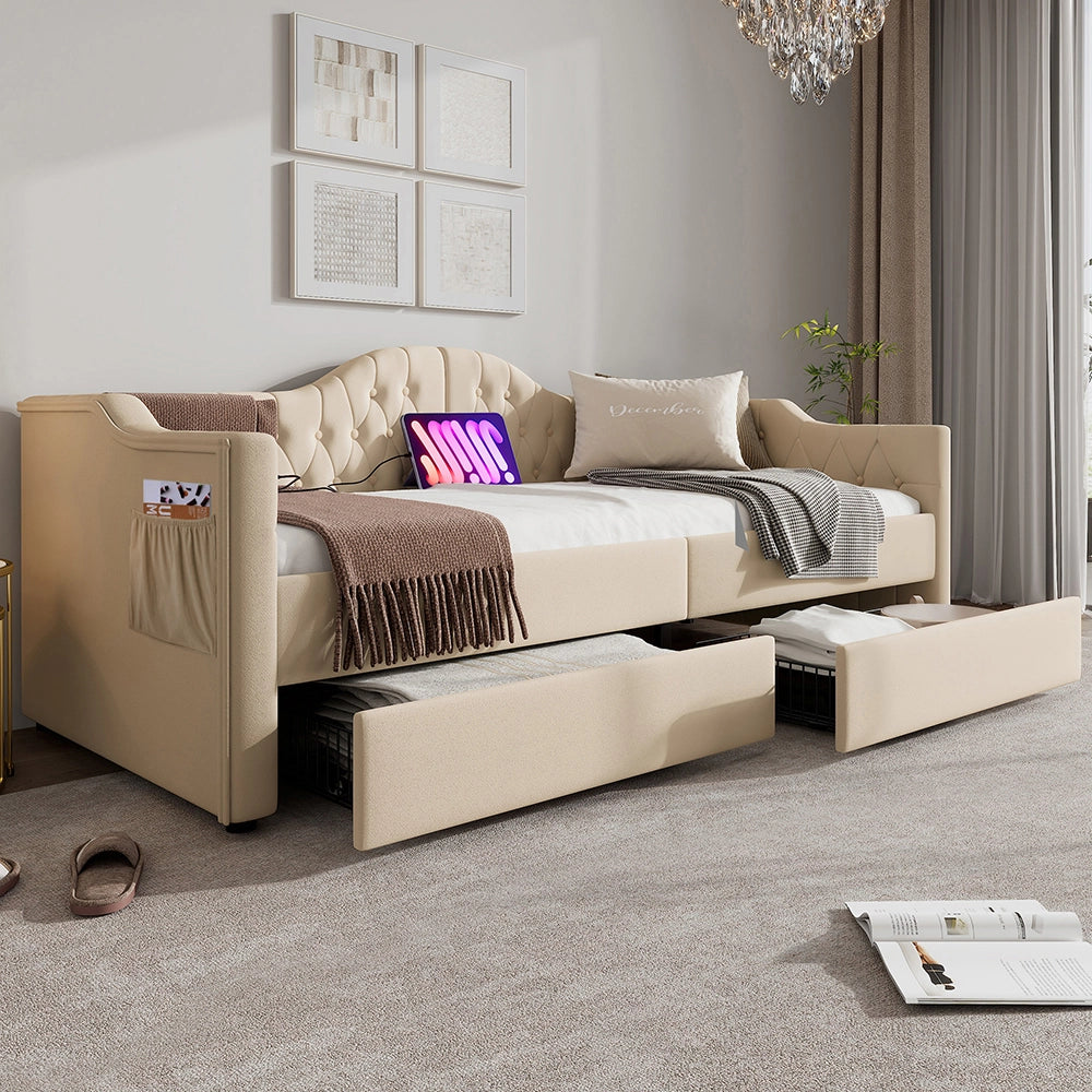 Letto con cassetti divano letto Xylo - 90x200 cm - Beige - USB Type C