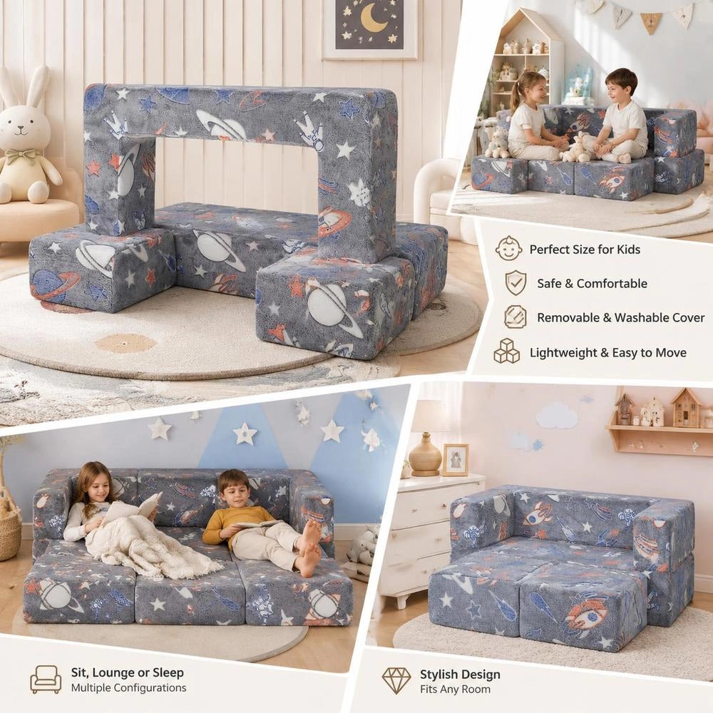 Children's Play Sofa Made Of 25D Foam Building Blocks, 10-piece Set, Children's Play Sofa With Removable Cover, 90 Kg Weight Capacity, Convertible Children's Sofa, Playroom Furniture, Glows In The Dark