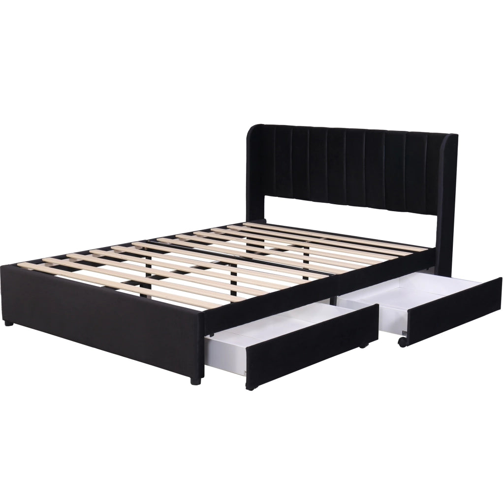 Letto matrimoniale 160x200 cm in velluto nero con 2 cassetti; rete inclusa