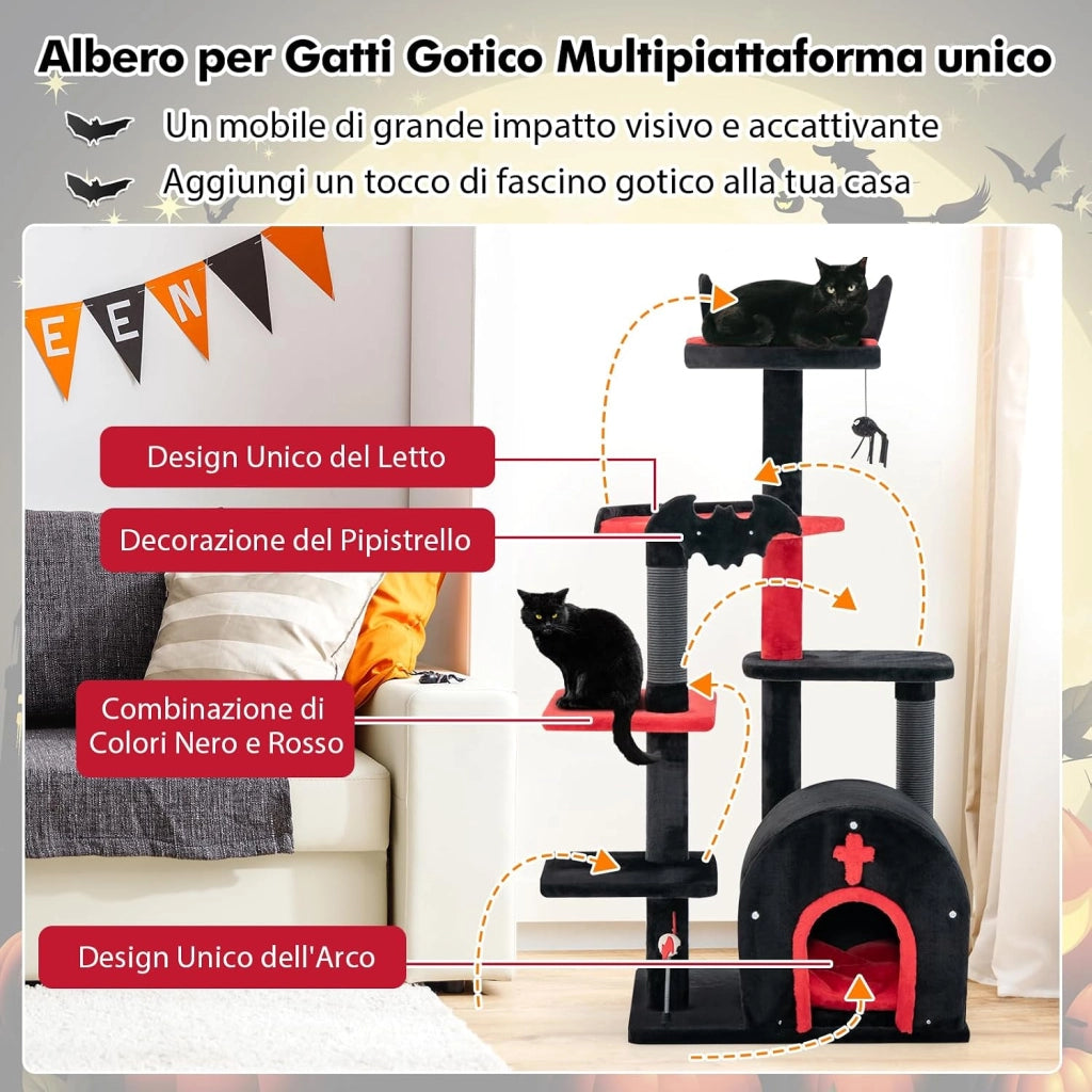 Albero per Gatti Gotico, Tiragraffi con Letto per Gatti, Condominio ad Arco, Pali, Pompom e Palline a Molla, Cat Tree di Halloween a 6 Livelli, Nero e Rosso