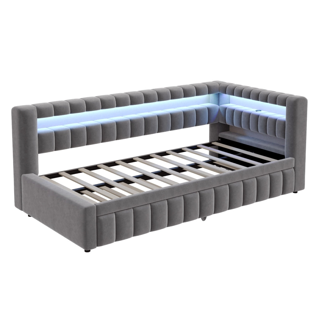 Divano letto imbottito estraibile 90x200 cm con LED, porta USB e vano portaoggetti, grigio