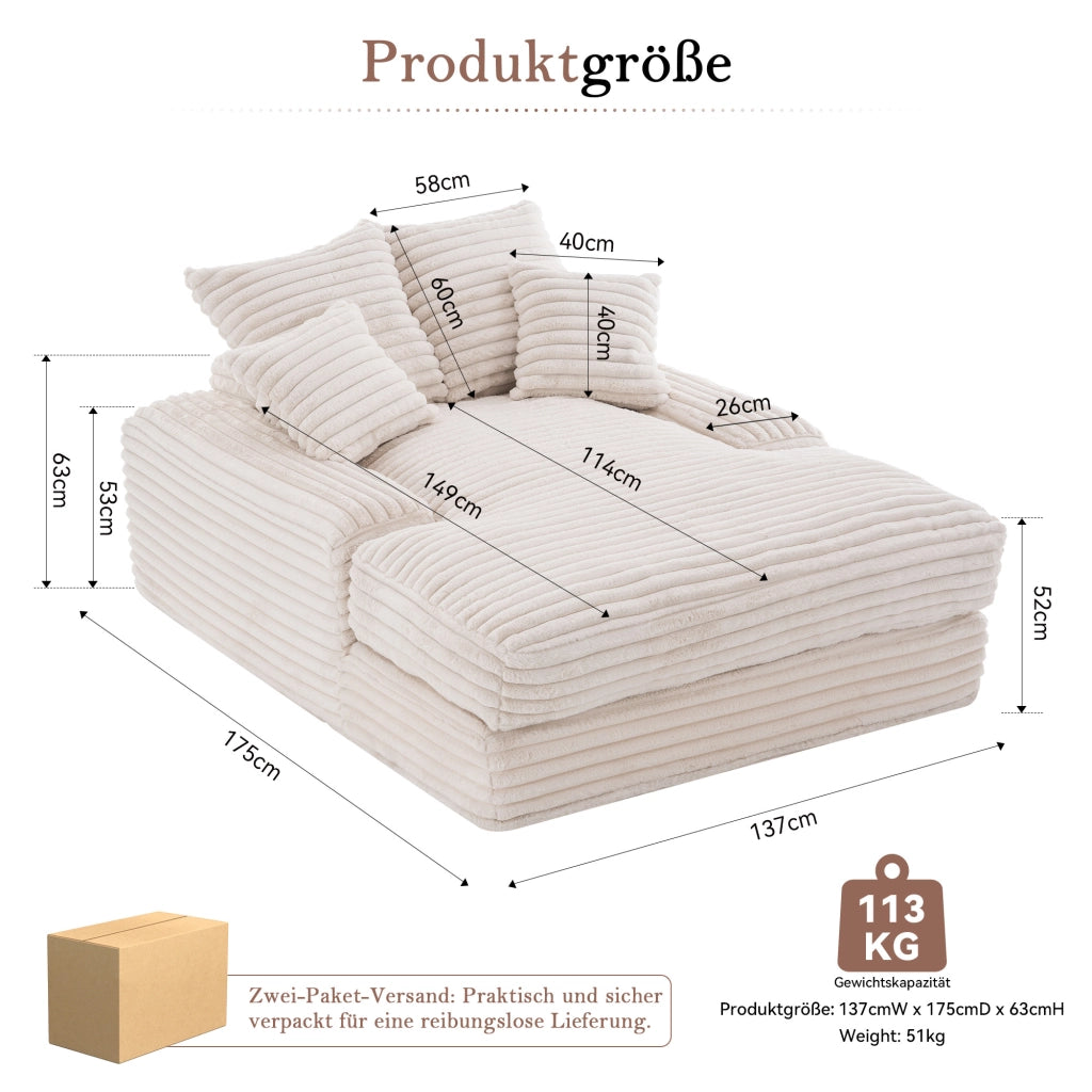 Méridienne in tessuto effetto velluto con 4 cuscini e schiuma ad alta densità beige 175 × 137 × 63 cm