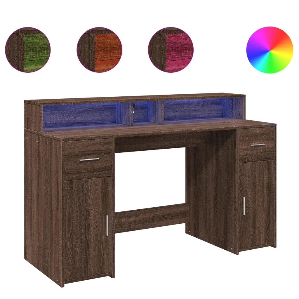 vidaXL Scrivania con Luci LED Marrone Rovere 140x55x91 cm Multistrato