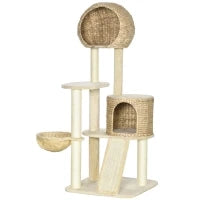 Albero Tiragraffi per Gatti con Casa, Diverse Piattaforme, Amaca, Tappetino per Graffiare, Dispositivo Antiribaltamento, 60 x 60 x 150 cm, Beige