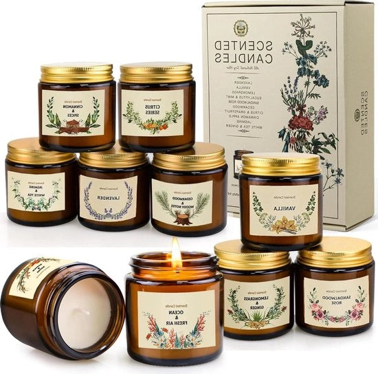 Candele in stile vintage con cera di soia naturale in barattoli di vetro ambrato apotecario - Ideali come regali per donne e uomini - Terapia aromatica per la rilassamento con oli essenziali