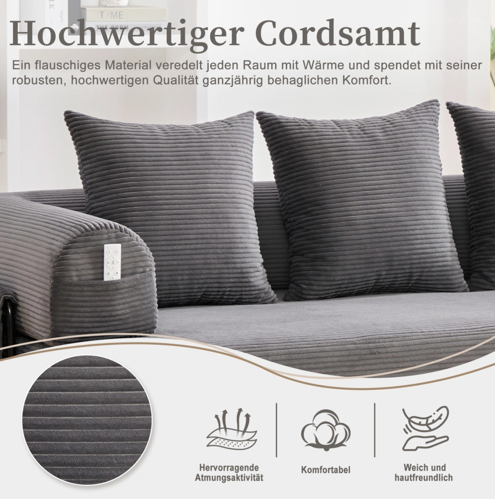 Divano modulare 200x94x67 cm con tasca laterale e 3 cuscini; tessuto a coste grigio scuro