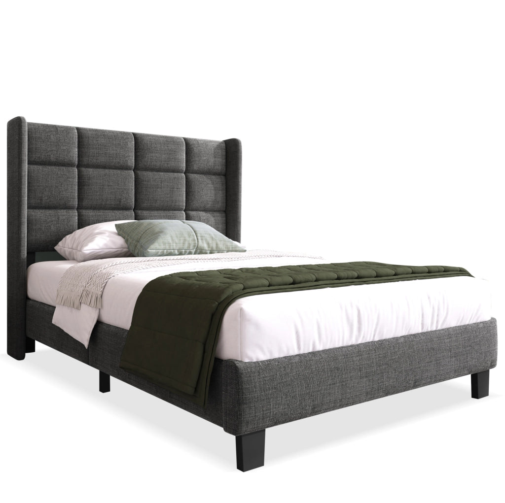 Letto singolo 90x200 cm con testiera imbottita e rete a doghe; tessuto grigio